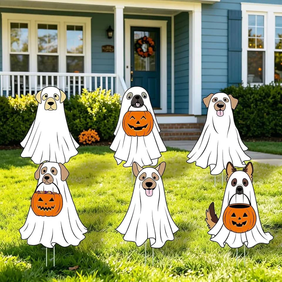 6Pcs Halloween Yard Outdoor Decorations, Plastic Ghost Dog Yard Signs, Waterproof Boo Ghost Dogs Pumpkin Trick or Treat Lawn Signs with Stakes Outside Garden Party Decor