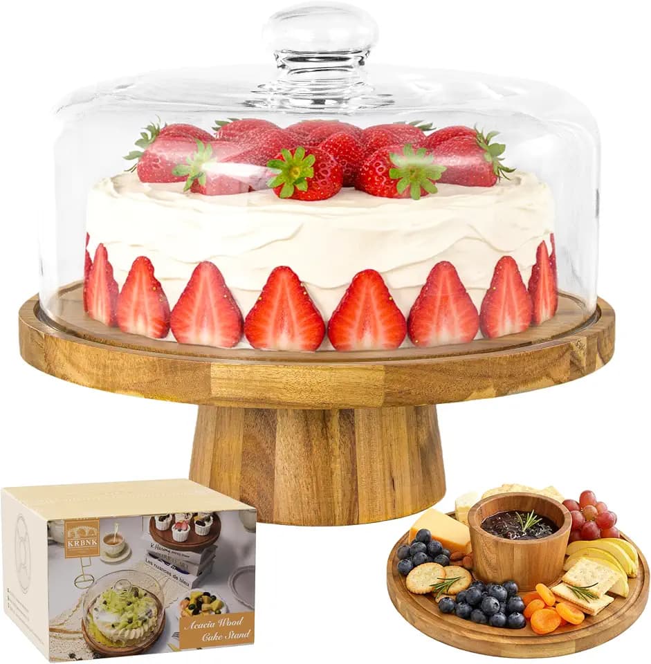 Tortenplatte mit Deckel, Tortenständer mit Fuß, Multifunktional Kuchenplatte Hölzern, 30cm Runde Kuchenplatte mit Glass Deckel, Tortendrehscheibe für Backen Dekorieren