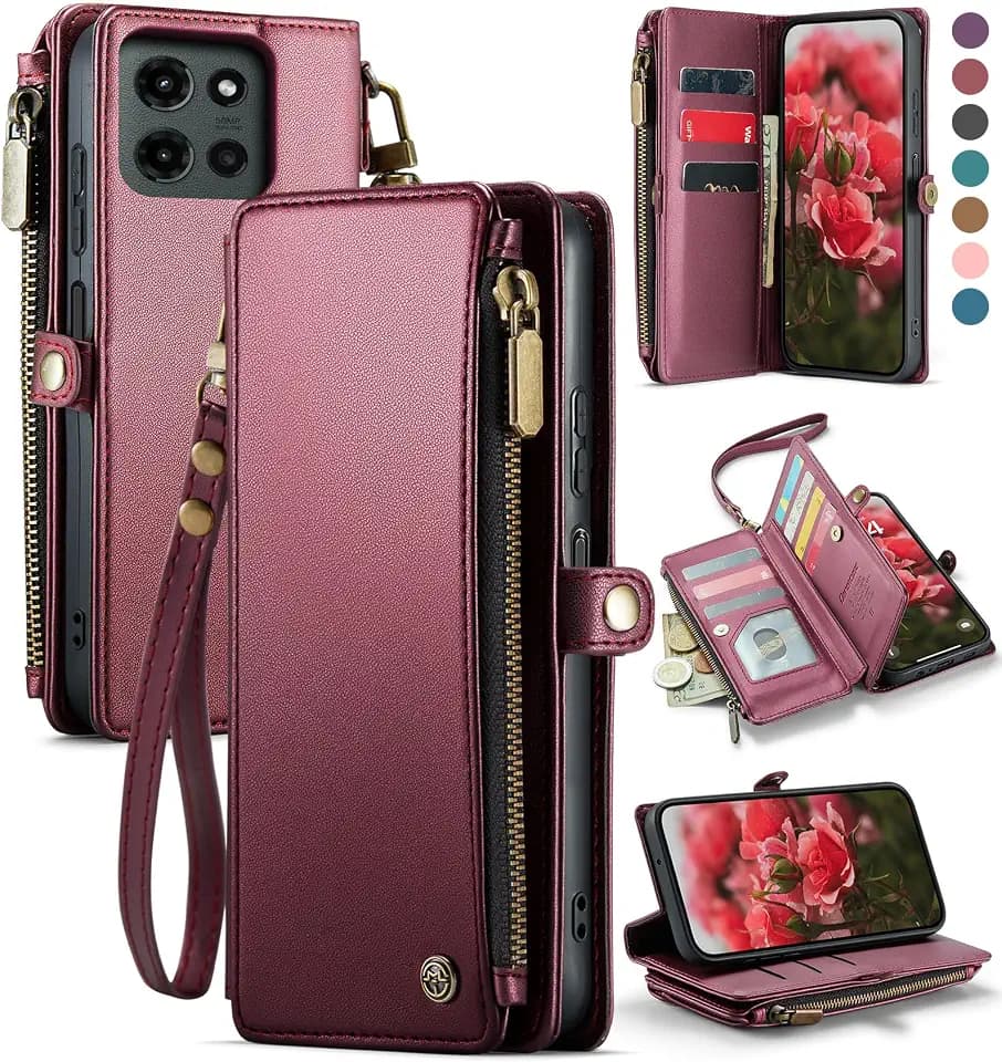 Defencase for Moto G - 2026/2025 Case Wallet with RFID Card Holder, WineRed