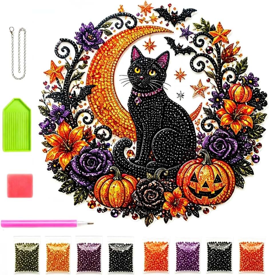 Large Size Halloween Black Cat Moon Diamond Art Hanging Ornament Kit,3D Diamond Painting Kit for Adults,Autumn Home Decoration Murals, Exercise Hands-On Skills.