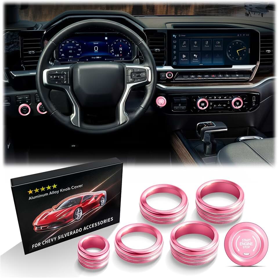 Polodunn for 2022-2025 2026 Chevy Silverado 1500 Accessories & 2024-2026 Chevrolet Silverado 2500HD/3500HD, 7pcs Aluminum Alloy Knob Cover Trim Kit (Pink) - Push Start, AC, Volume, Headlight & Mode