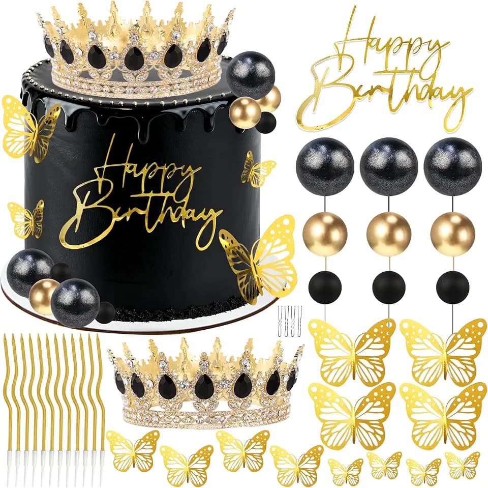 Happy Birthday Crown Cake Topper Candles Butterfly Balls Decoration