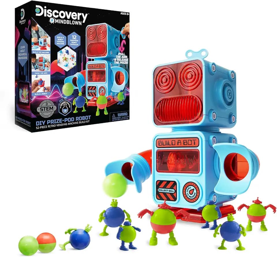 Discovery DIY Prize-Pod Robot Kit, 52-Piece Vending Machine Building Set, 12 Transforming Capsules, Educational Science Experiment, Engineering STEM Project, Robotics Toy Gift Kids Age 8+