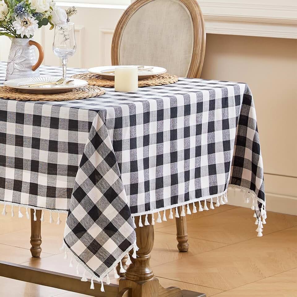 JIALE Gingham Tablecloth Square Cotton Linen Fabric Checkered Table Cloth with Tassel Washable Wrinkle Free Buffalo Plaid Table Cover for Party Outdoor Picnic Kitchen Dining, Black and White, 55x55