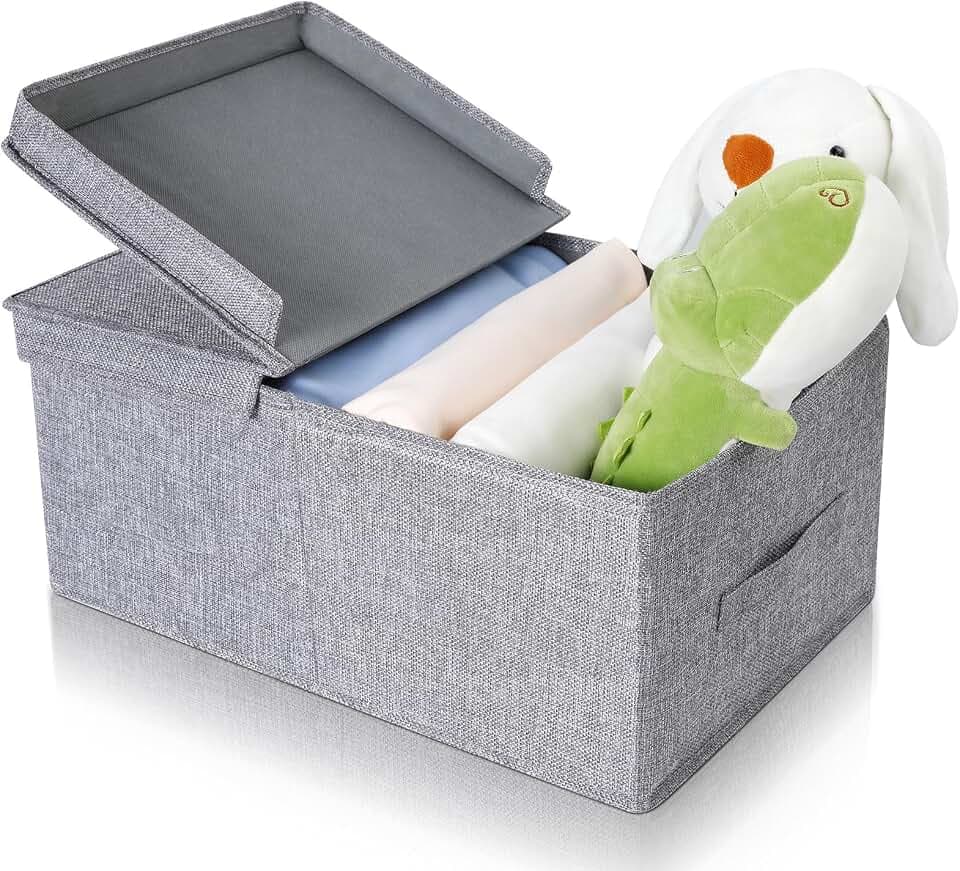 Cozary Aufbewahrungsbox mit Deckel - Klappdesign, 29L Kapazität, Aus Leinen Stoff, Faltbar und Stapelbar, Ideal für Kleidung und Zubehör Spielzeug - Grau - 48x29x21cm