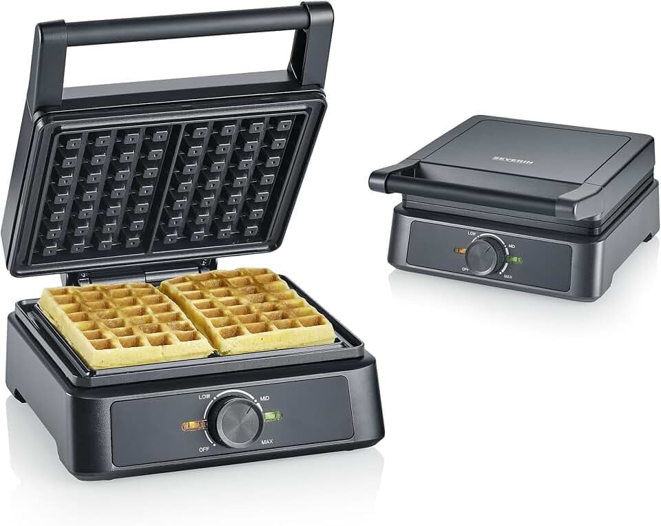 SEVERIN Waffeleisen belgische Waffel, quadratische Waffeln, Keramikbeschichtung mit PFAS-freier Beschichtung, mit Kontrollleuchte, praktische Kabelaufwicklung, 1.600 Watt, schwarz-Edelstahl, WA 2130