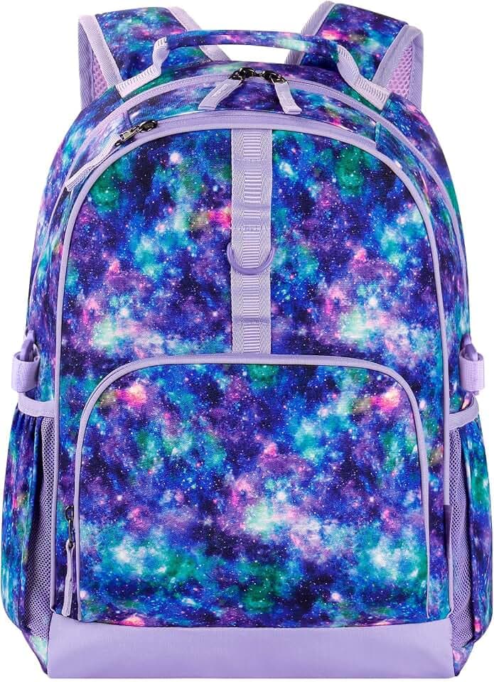 Choco Mocha Kids Backpack for Girls Galaxy Backpack Kids Elementary School Backpack for Girls Ages 6-8 Kid Bookbag 17 Inch with Chest Strap, Purple