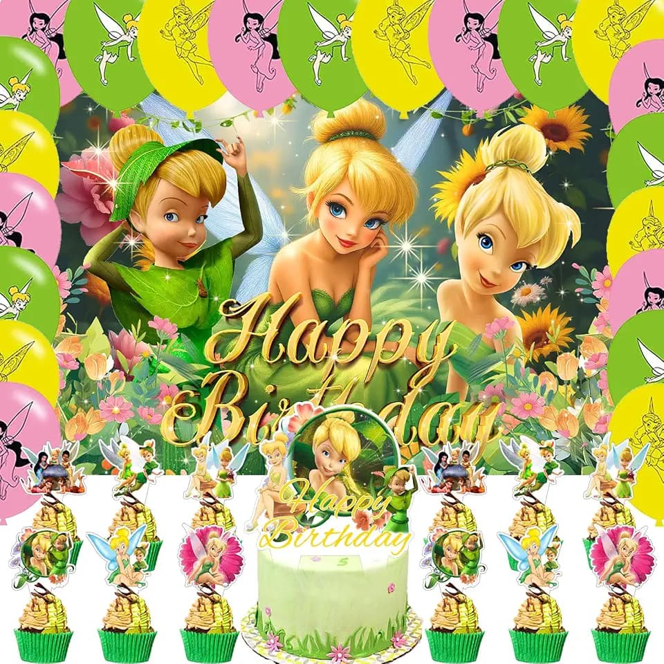 Tinker_Bell Birthday Backdrop, Fairy Flower Poster for Fairy Theme Party Decorations Includes Backdrop 18 Balloons, Cake Topper, 24 Cupcake Toppers