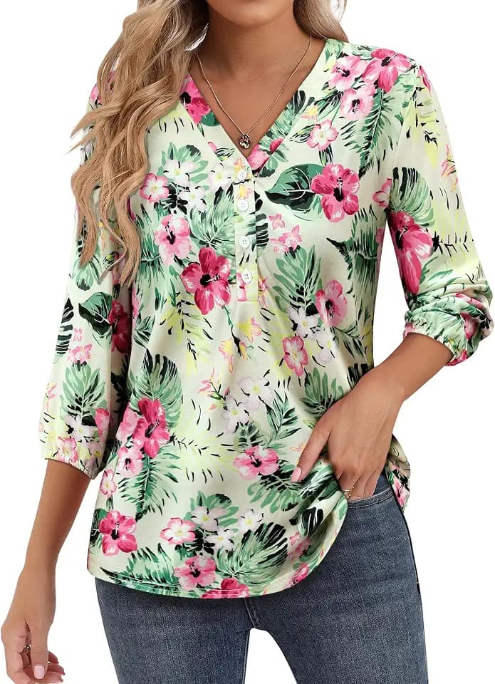 WIEIYM Damen-T-Shirt mit 3/4-V-Ausschnitt, tropisches Hawaii-Hemd, Blumenbluse