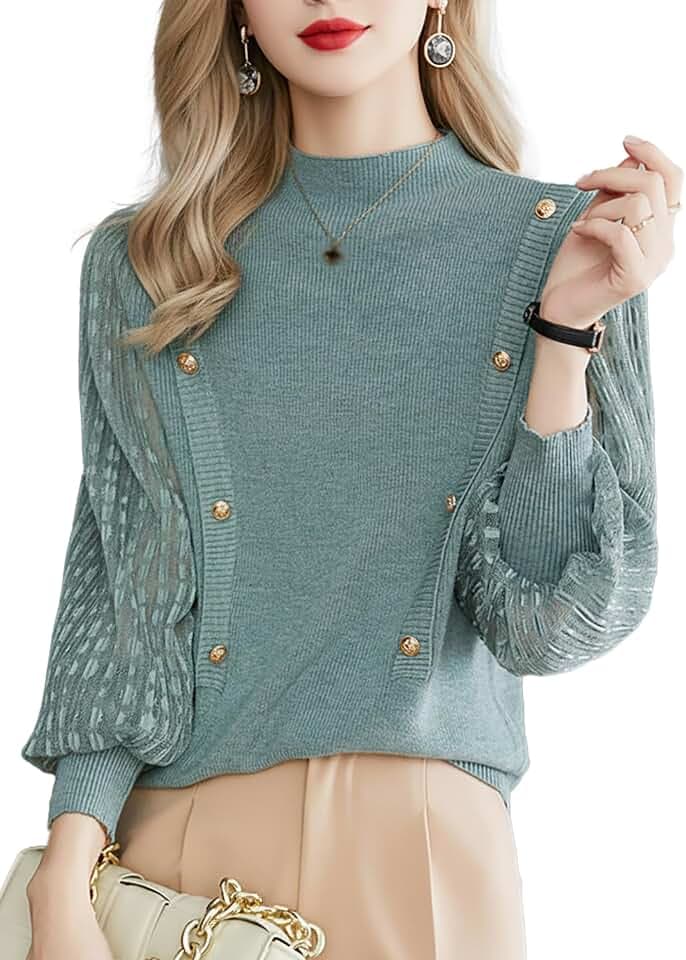 LAI MENG FIVE CATS Women's Knit Sweater Lace Lantern Sleeves Pullover Tops