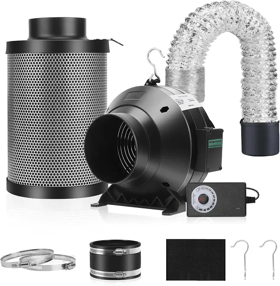Air Filtration Kit, 4" 190 CFM Inline Duct Fan with Speed Controller, 12" High Carbon Filter, 8 Ft Ducting & Rubber Coupler, Air Cooling and Filtration Kit for Grow Tent, Hydroponics