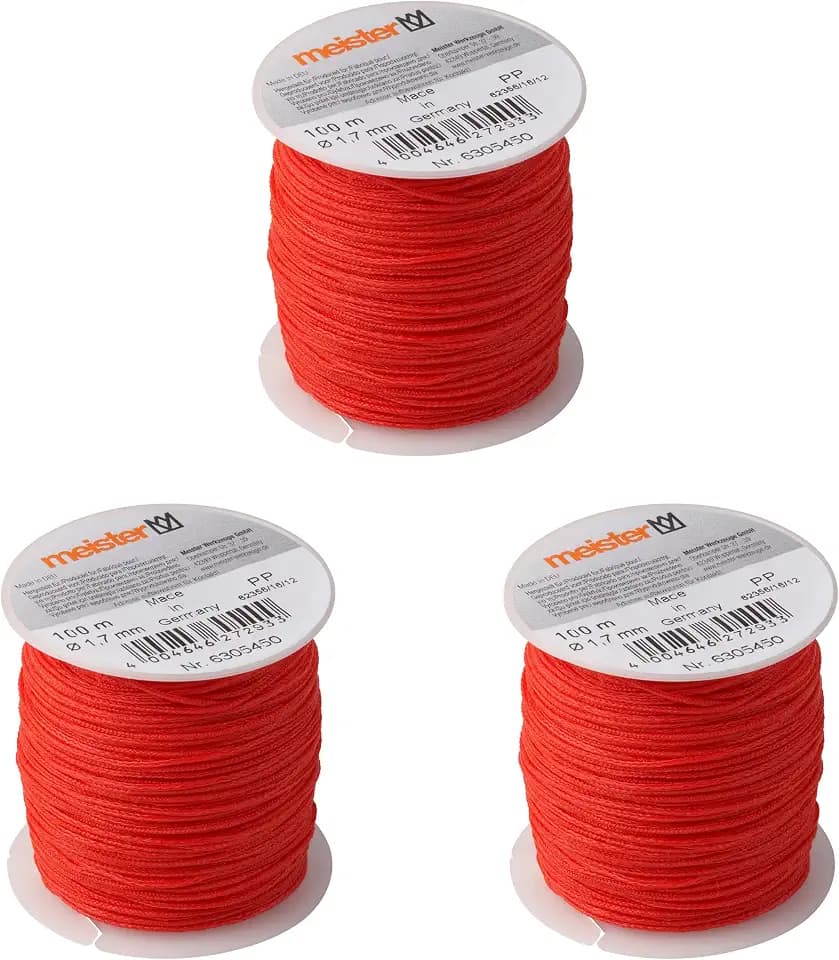 Meister Maurerschnur rot - 3er Set - 100 m Länge - Ø 1,7 mm - Polypropylen geflochten - Knotenfest - Reißfest & Belastbar - Auf Spule / Richtschnur / Bauschnur / Lotschnur / Pflasterschnur / 6305450