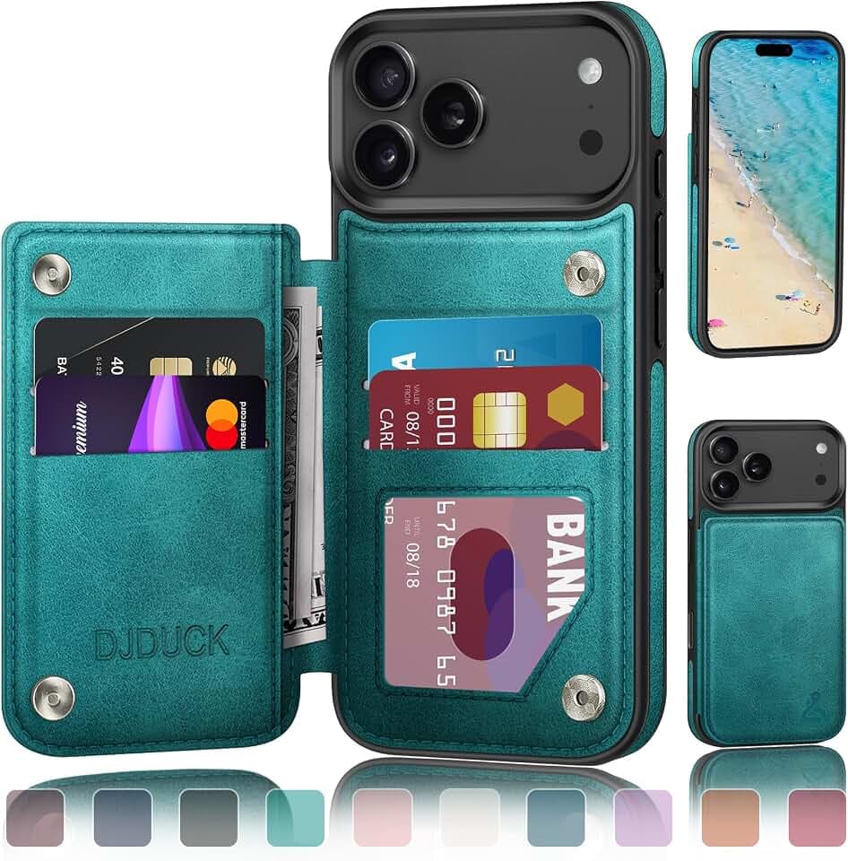 DJDUCK Designed for iPhone 17 Pro Max Case Wallet with Card Holder, [Magnetic Clasp Cover] [RFID Blocking Leather Protection] Shockproof Women Men Cases 6.9 Inch for Apple 17 ProMax Blue Green