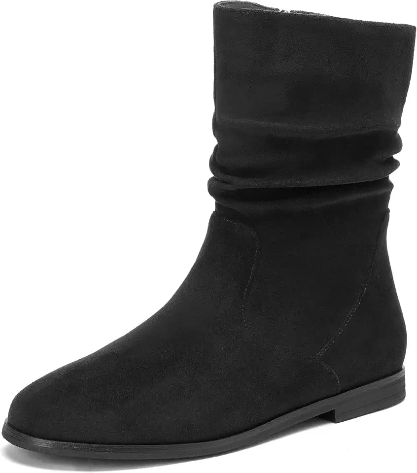 Black Slouch Ankle Boots For Women Wide Calf Booties For Women Low Heel Flats Mid Calf Zipper