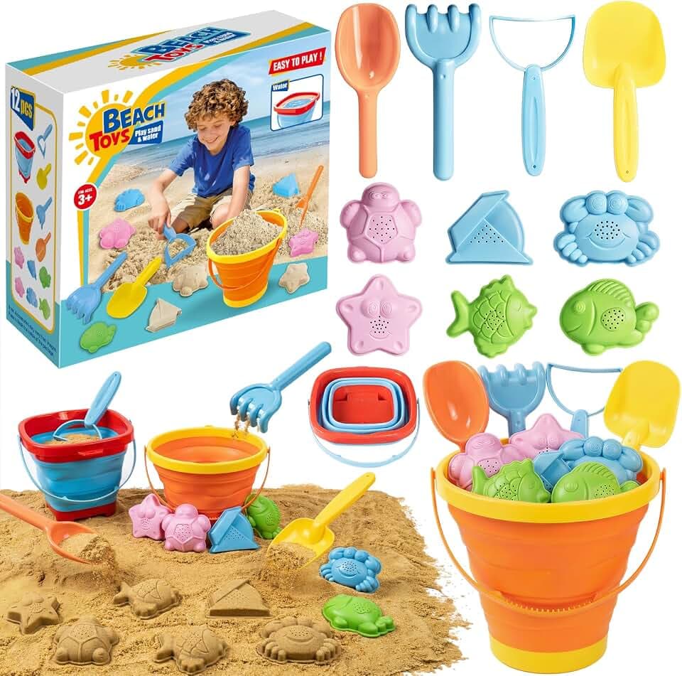 Sandspielzeug Set für Kinder,zusammenklappbarer Silikoneimer mit Schaufel, Rechen,Sandförmchen und Netztasche,Outdoor Spielzeug für Strand und Sandkasten,für Kinder von 3–10 Jahren