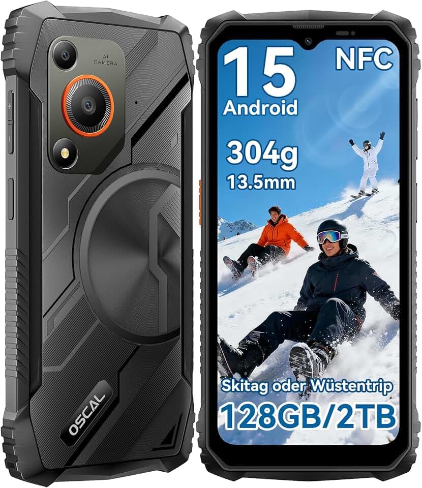 OSCAL Marine 1 Outdoor Handy Ohne Vertrag,12GB+128GB/2TB TF Outdoor Smartphone, Android15 Rugged Smartphone, 6.56" HD+ 90Hz, 16MP+8MP AI Kamera Baustellen Handy, Dual SIM/Face ID/GPS/NFC/IP68/I69K