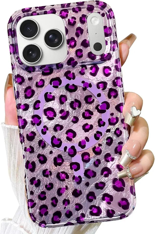 Fiyart Magnetic for iPhone 17 Pro Max Case Black Leopard Print Purple