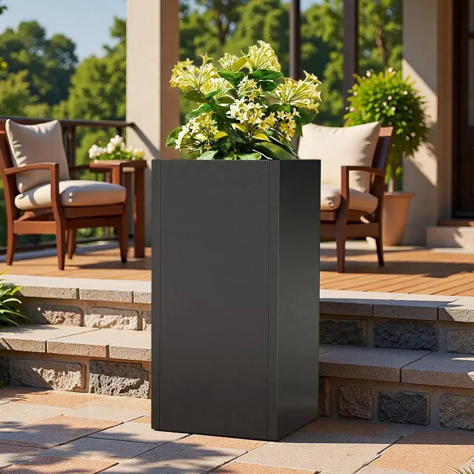 24" Tall Metal Planters Box for Outdoor Plants, 60cm H Square Black