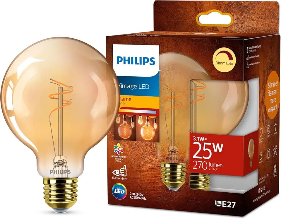 PHILIPS Vintage Amber Spiral G95 Lampe, dimmbar, flimmerfrei, EyeComfort, 3.1 W=25 W, E27 Sockel, 1er Pack