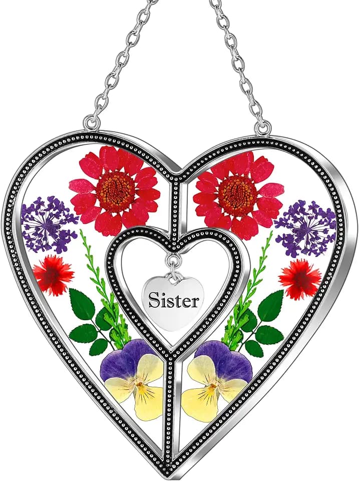 KY&BOSAM Sister Gift Heart Suncatcher Pressed Flower Glass Window Hanging