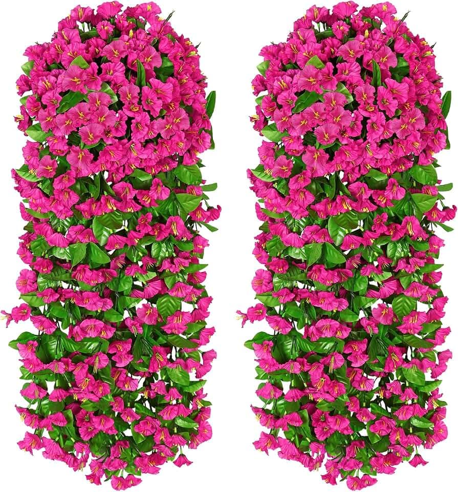 2 Stück Kunstblumen Hängend Kunstblumen Wie Echt Hängend Künstliche Hängeblumen Hängende Blumen Künstliche Petunie 82cm Künstliche Hängepflanzen für Outdoor,Balkon,Garten,Hochzeit(Fuchsia)