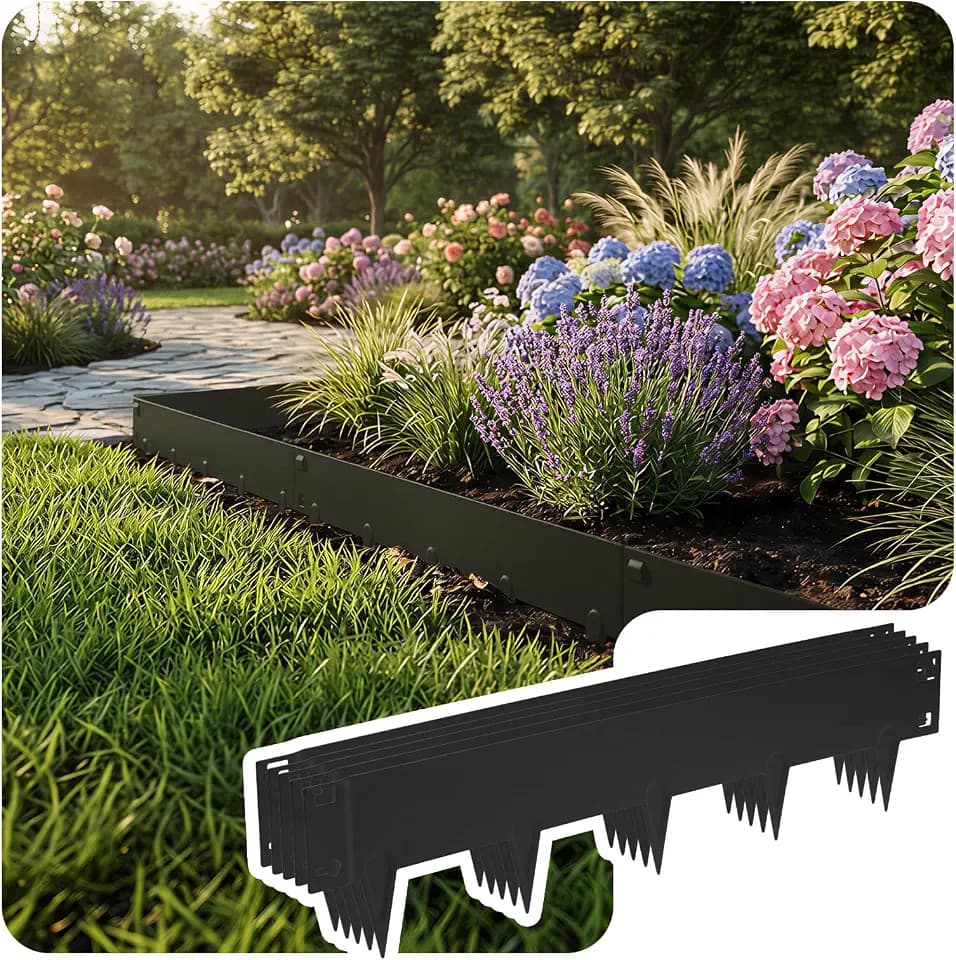 VOUNOT® Rasenkante verzinkt Metall 5m, Robuste Beeteinfassung Beetumrandung Mähkante 106×18 cm, 1,5 mm dick, Steckzaun für Blumenbeete & Garten, 5 Stück, Schwarz
