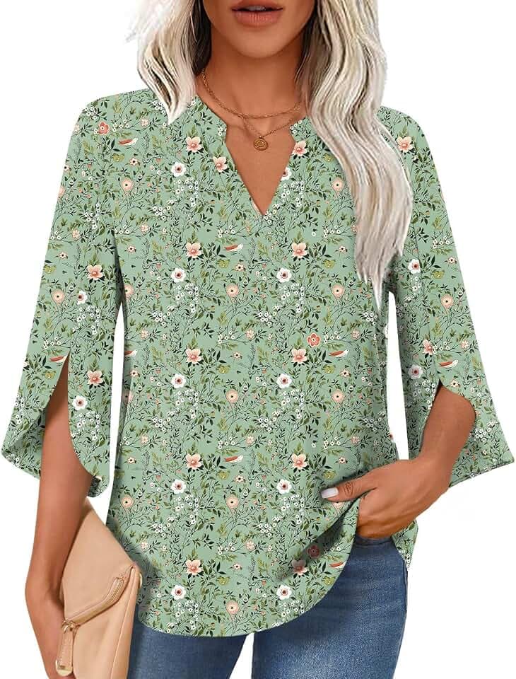 Findsweet Women Blouses Dressy Casual 3/4 Sleeve Tops Business Work Chiffon Office V Neck Shirts M-4XL