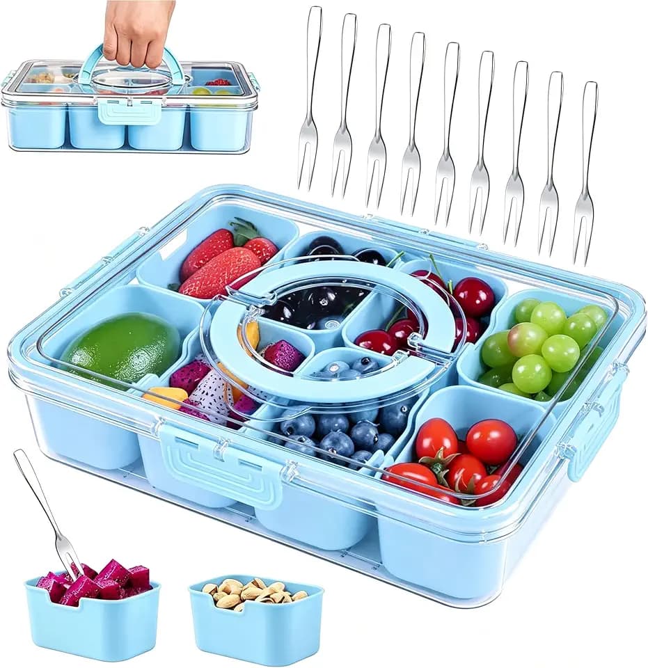 TZEKING Snackschale,Snackbox mit 8 Fächern,Snackteller mit Deckel,Snack Aufbewahrungsbox,Küche Gewürze Box,Tragbar Snackbox Organizer für verschiedene Gewürze und Früchte,Familien und Picknicks