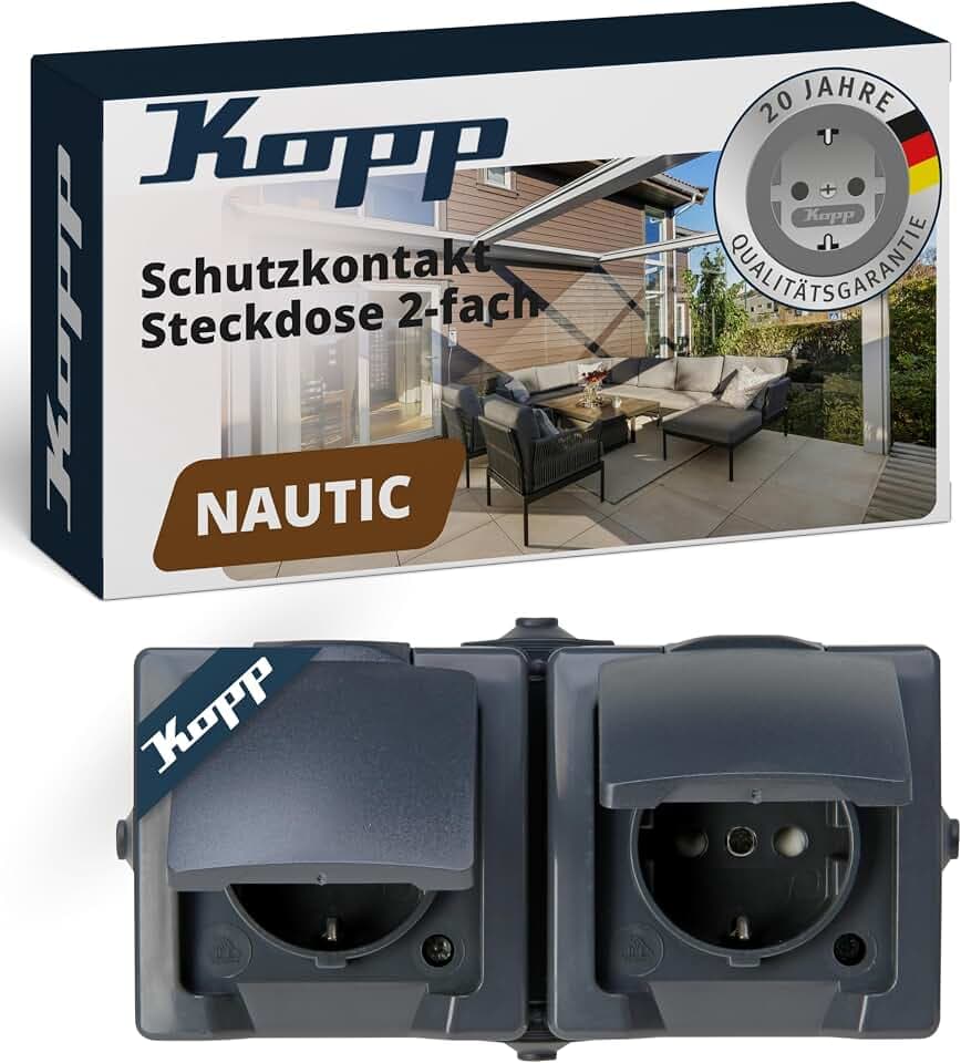 Kopp NAUTIC 2-fach Schutzkontakt-Steckdose mit Klappdeckel in Anthrazit - Sichere Aufputz-Steckdose mit erhöhtem Berührungsschutz - Waagrechter IP44 Feuchtraumsteckdosen-Aufputz 16A / 250V~