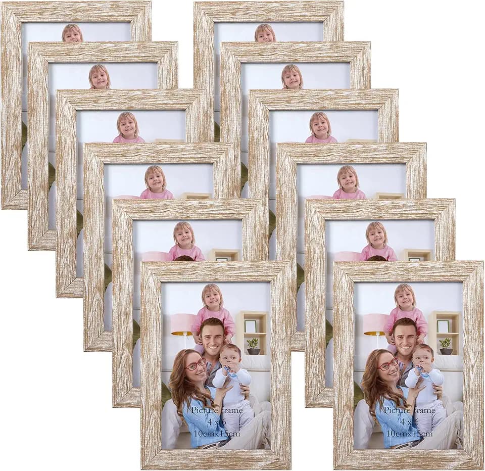 Giftgarden 4x6 Picture Frame Distressed Beige White Set of 12, Multi Rustic Wood Grain 4 by 6 Photo Frames Bulk for Wall or Tabletop Display