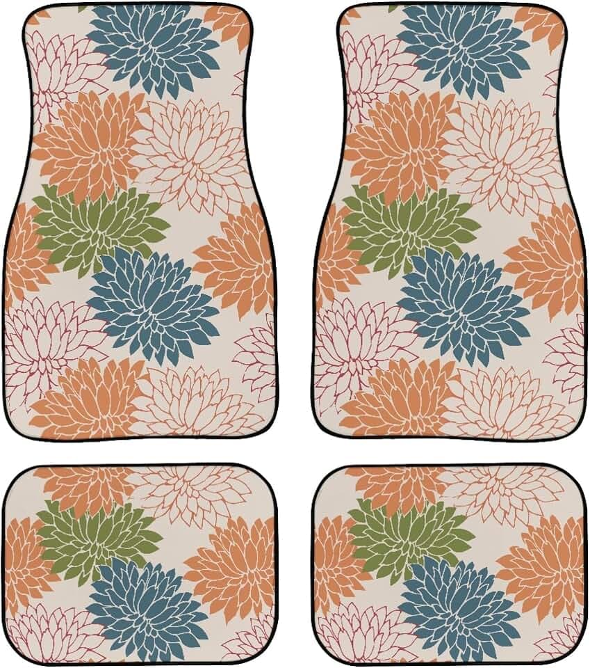 Floral Print Car Floor Mats 4Pcs Abstract Elegance Chrysanthemum Pattern Colorful Flowers Floor Mats for Cars Custom Front Rear Vehicle Rugs Universal Auto Accessories for Trucks Sedans