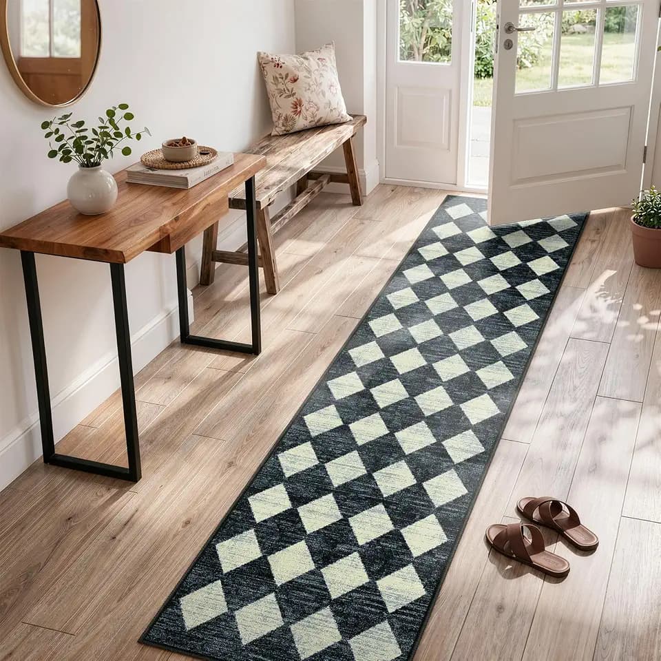 Lahome Läufer mit marokkanischem Gittermuster, 5 x 20 cm, schwarz, für Flur, mit Gummi-Rückseite, kariert, rutschfest, waschbar, für den Innenbereich, Wohnmobil, Eingangsbereich, Badezimmer,