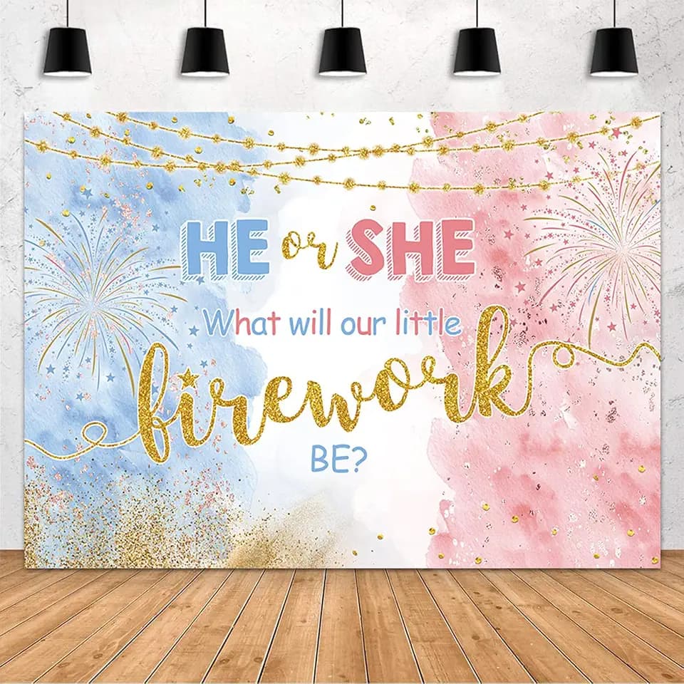 MEHOFOND 7x5ft Firework Gender Reveal Party Backdrop He Or She What Will Our Little Firework Be Watercolor Photography Background Boy Or Girl Blue Pink Banner Decoration Baby Shower Photo Studio Props