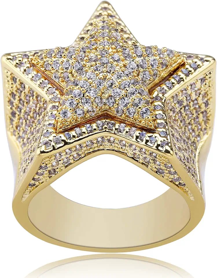 TOPGRILLZ 14K Golden Plated Star Ring Iced Out CZ Simulated Diamond Punky Rappers Ring for Men Engagement Hip Hop Jewelry