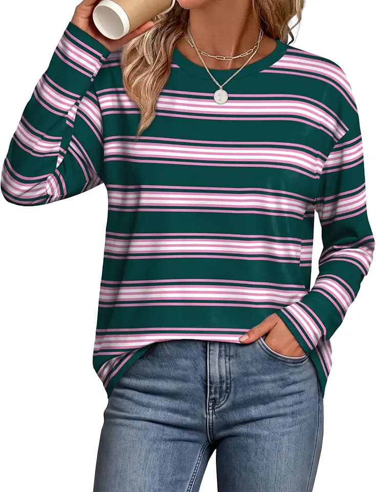 WIHOLL Long Sleeve Shirts for Women Stripe Tops Loose Oversized Fall Outfit