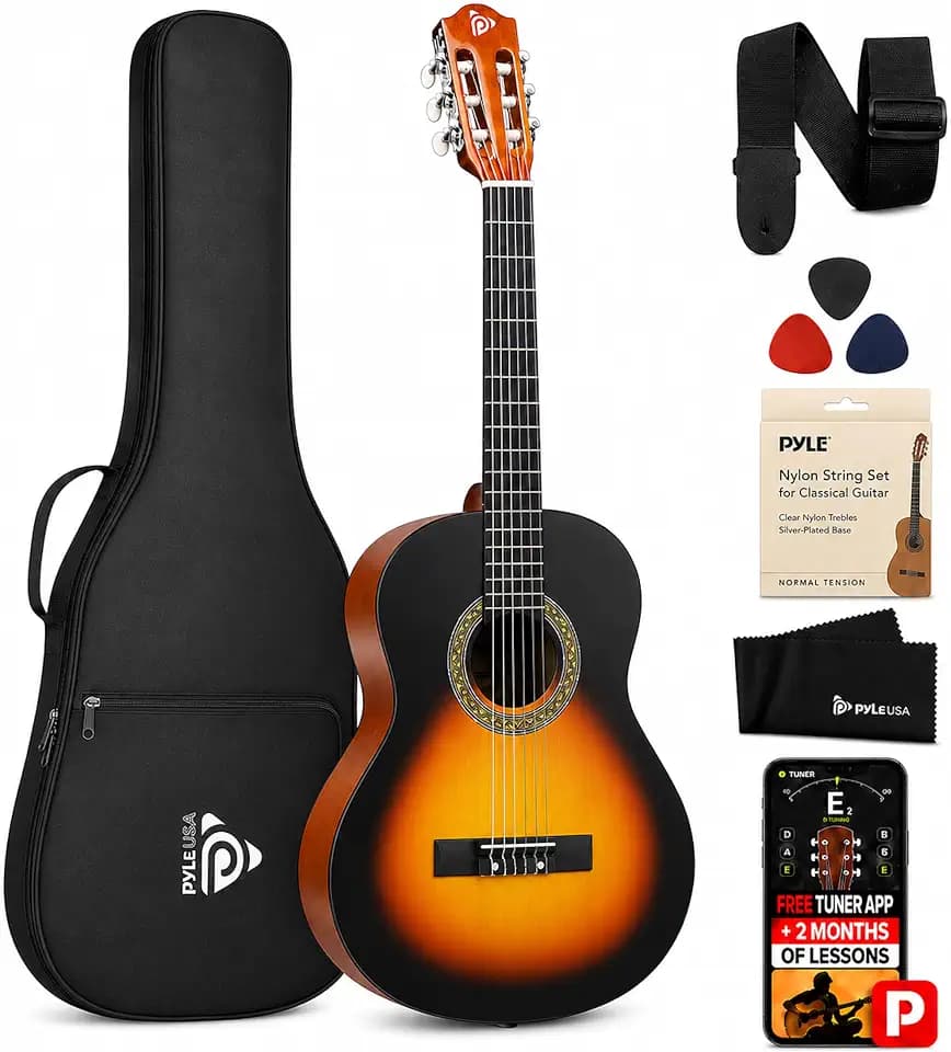 Pyle 30-Inch Beginner Acoustic Guitar Kit, 1/4 Size Junior Classical Nylon String Guitar for Kids and Adults, Includes Gig Bag, Strap, Spare Strings, Picks, Cleaning Cloth, Sunburst Teardrop, Matte