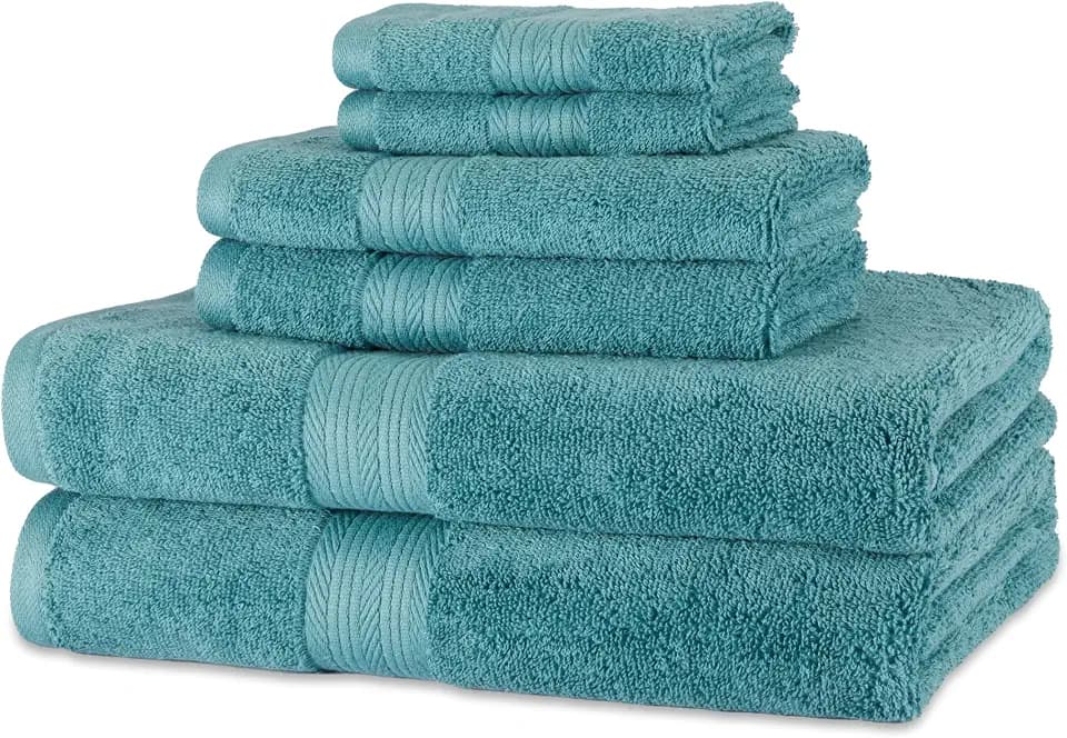 Amazon Basics Handtücher Set 6-teilig, 100% Bio-Baumwolle Ausbleichbeständig Weich, 2 Badetücher + 2 Handtücher + 2 Waschlappen, Blaugrün