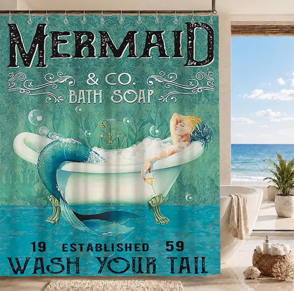 Blue Mermaid Ocean Shower Curtain - 60Wx72L Inch, Green, Wash Your Tail Funny Bathtub Bubble Waterproof Polyester Fabric, 12 Plastic Hooks