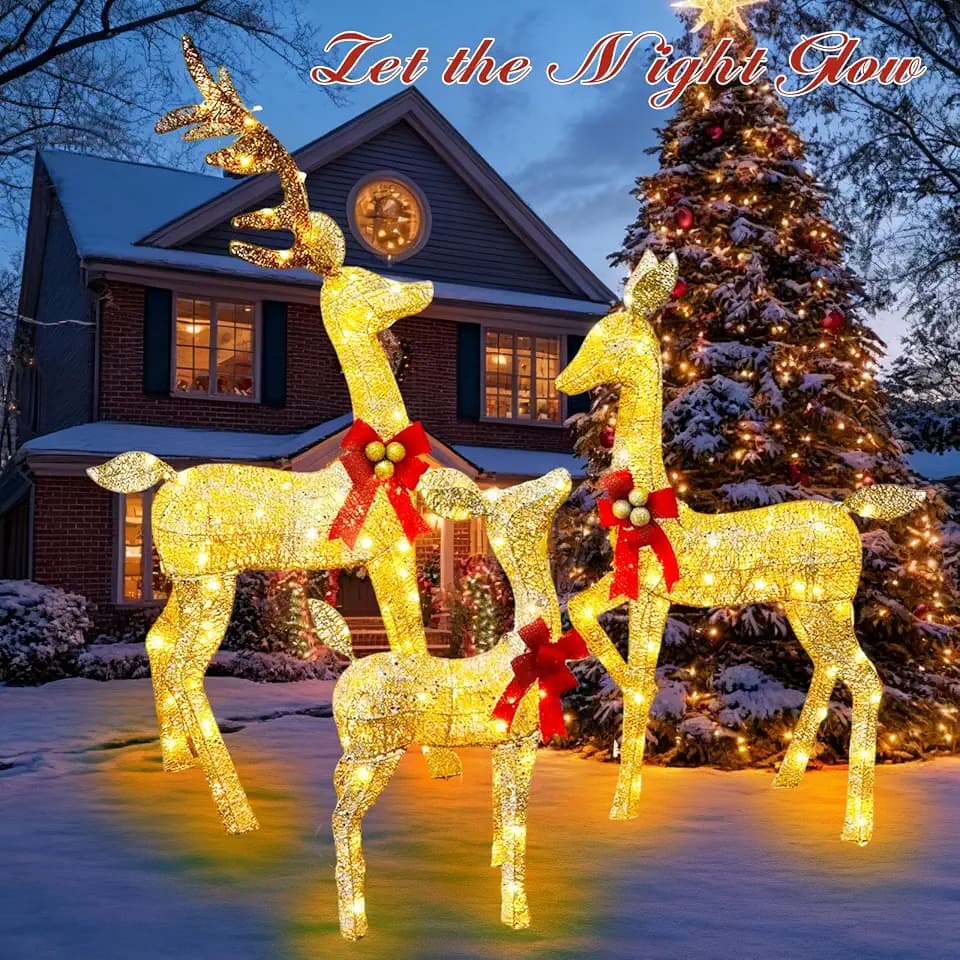 Lighted Reindeer Outdoor Decorations – 3-Piece Gold Metal Deer Family with Warm LED Lights, Waterproof & Windproof, Birthday Party, Wedding, Patio, Home Entryway & Garden Displays