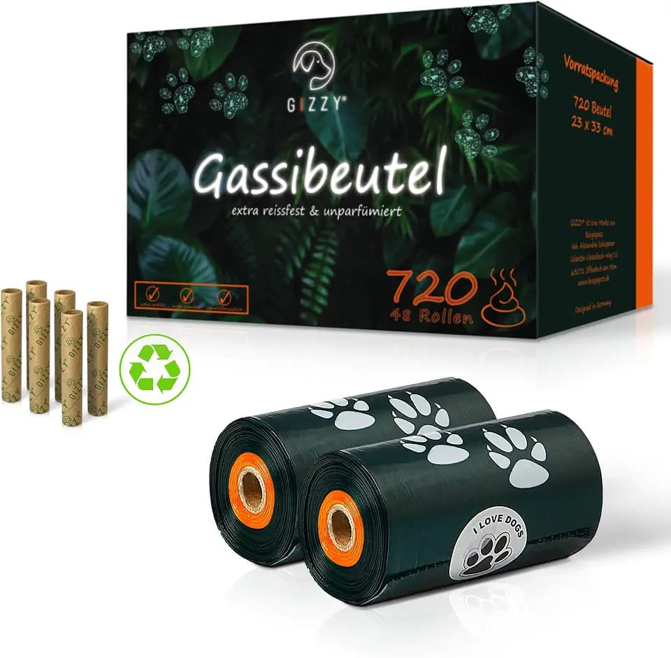 GIZZY® 720x Hundekotbeutel | 48 Rollen I 100% recyceltes PE I Reißfest & Auslaufsicher I Ohne Duft I Kotbeutel für Hunde