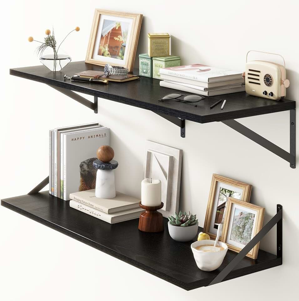 36"W x 12"D Floating Shelves, Black Deep Floating Shelves for Wall with Brackets, 12 Inch Deep Wall Shelves for Books, Wide Display Storage Shelves for Bathroom, Living Room, 36 Inch Long, Set of 2