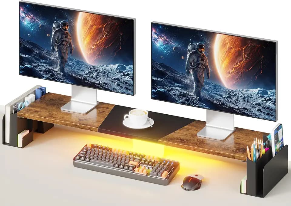 WESTREE Dual Monitor Stand Riser with Storage, Computer Monitor Riser with Adjustable Angle and LED, Desktop Monitor Stand Organizer for Computer, Laptop, Printer