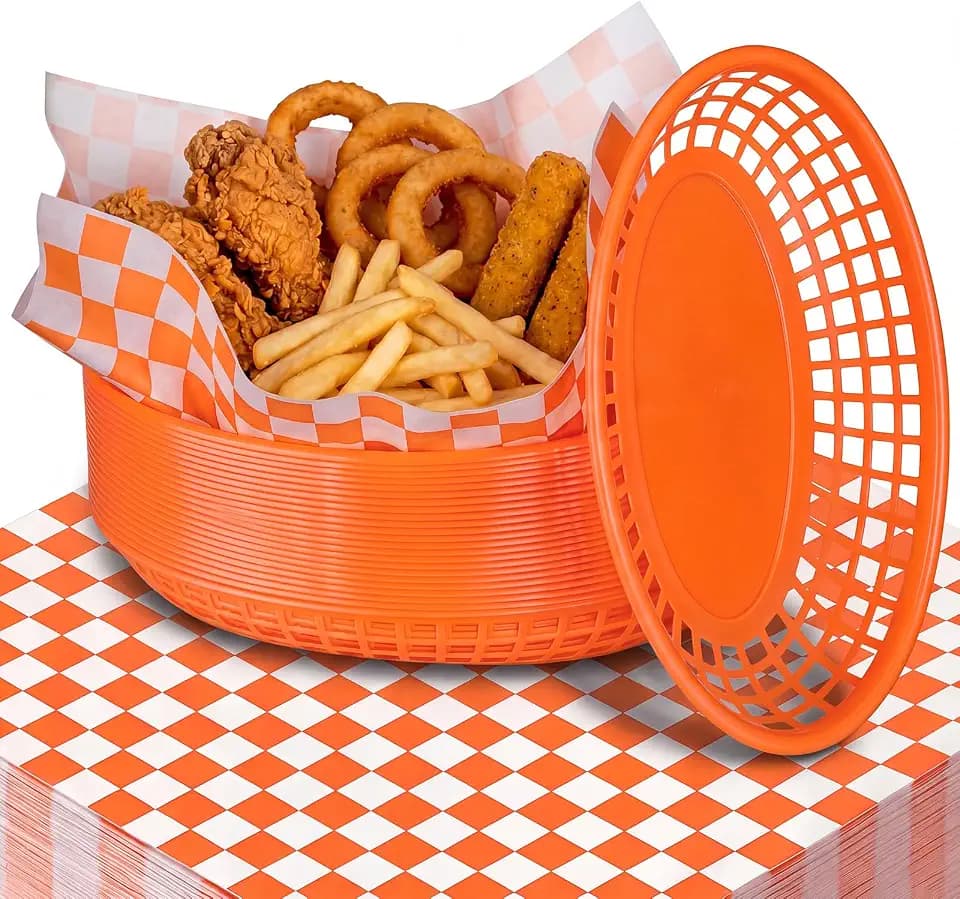 24 Pcs Large Fast Food Baskets with 100 Pcs Checkered Basket Liners, 8.9 x 5.5 Inch Retro Style Burger and Fries Plastic Food Trays for Hot Dogs, Sandwiches, Bread and Picnic (Orange)