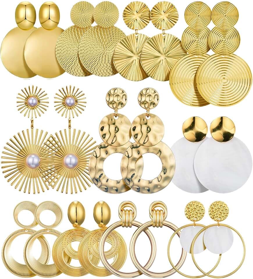 11 Pairs Big Disc Drop Earrings Gold Dangle Earrings Round Hammered Statement Earrings For Women Set