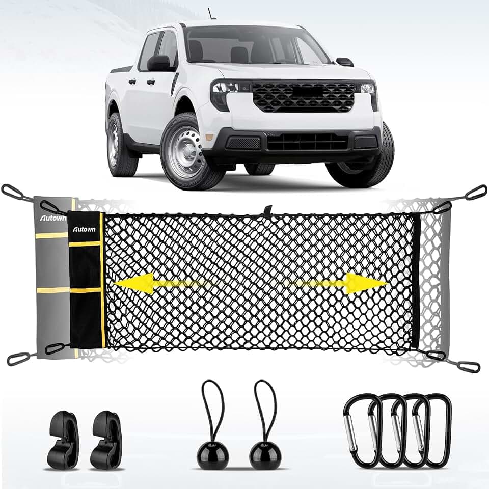 AUTOWN Truck Bed Cargo Net, Envelope Style Bed Netting for Ford Maverick 2022-2026, Pickup Truck Bed Organizer with Upgraded 5mm Bungee & Integrated Storage Bag & Bungee Balls & Carabiners
