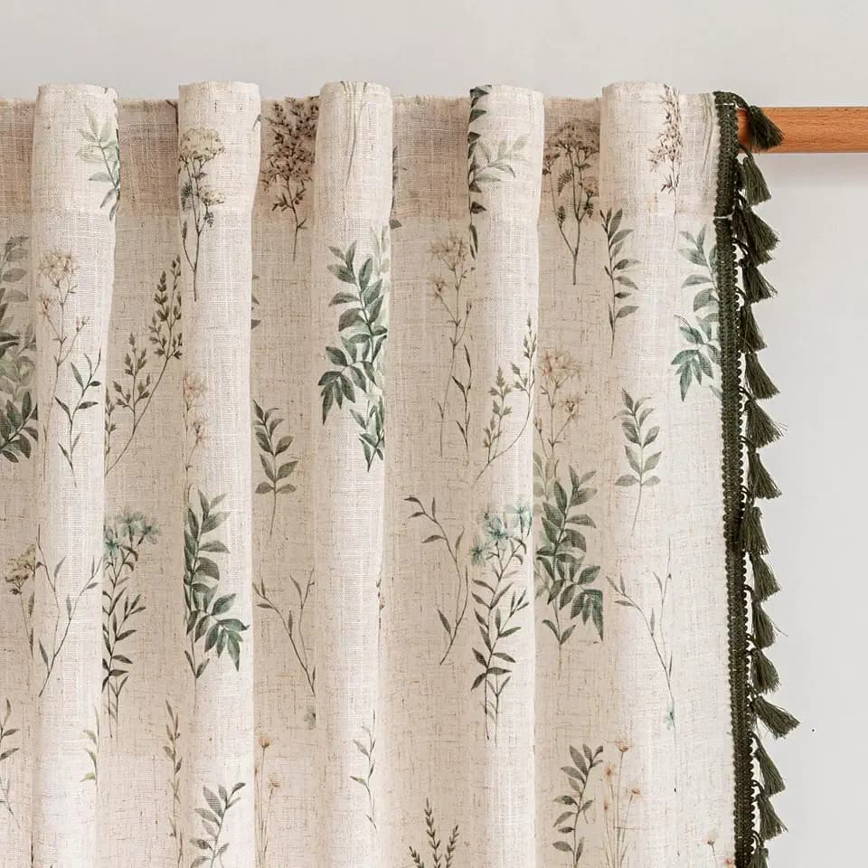 MYSKY HOME Floral Farmhouse Linen Boho Curtains 63 inch Length with Green Tassels Semi Sheer Privacy Protect Back Tab Spring Rustic Country Window Treatment for Bedroom Cafe, Green, 50" Wide, 2 Panels