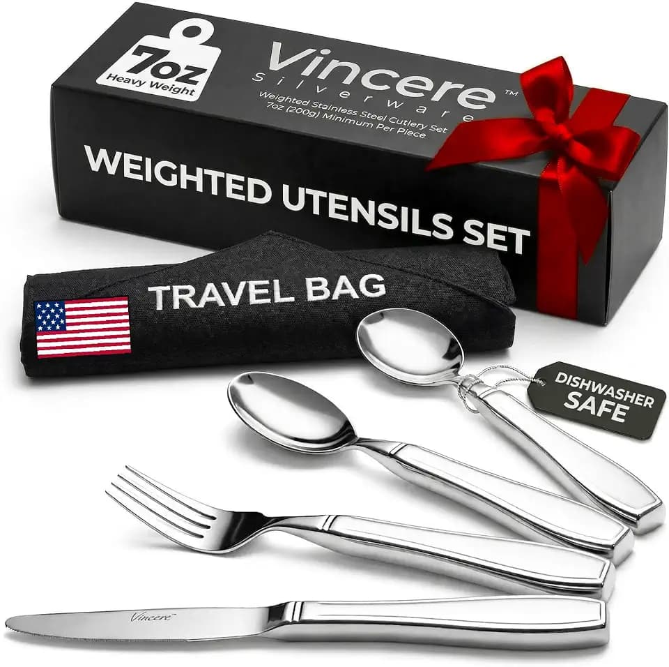 Weighted Utensils for Tremors and Parkinsons, Heavy Weight Stainless Steel Silverware Set, Adaptive Eating Flatware Helps Hand Tremors, Parkinsons Aids for Living, Arthritis - Knife, Fork, Spoons, 7oz