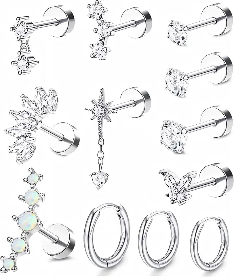 Incaton 20G Cartilage Piercing Jewelry Flat back Helix Earrings for Women Hypoallergenic Surgical Steel Gold Cartilage Hoop Earring Set Daith Tragus Conch Flat Back Stud Earrings