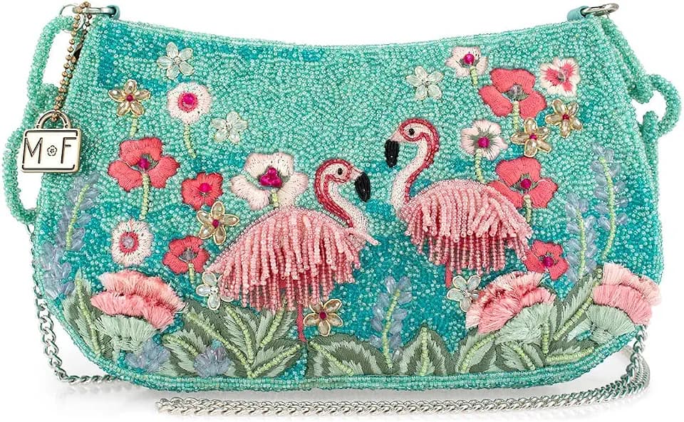 Mary Frances Flirty Flamingos Beaded Crossbody Tropical Clutch Handbag