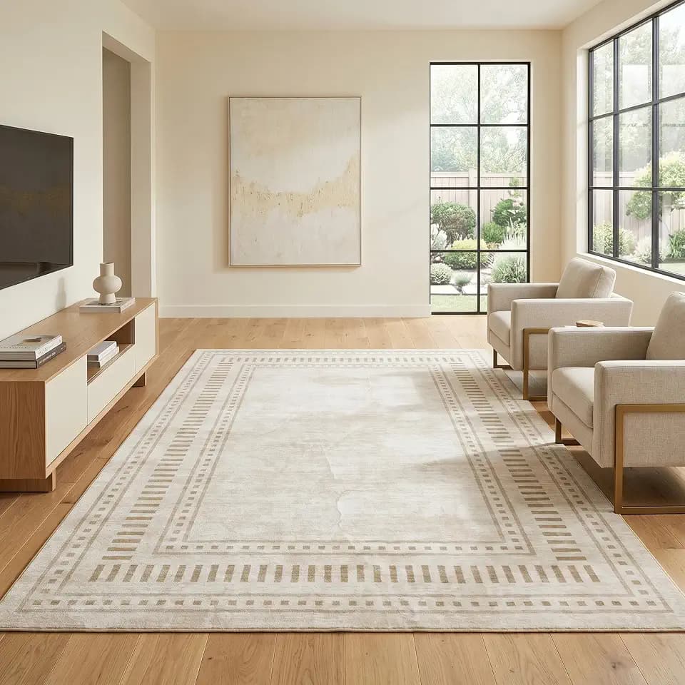 Modern Bordered Area Rug for Living Room 9x12 Non Slip Washable Rug Indoor Soft Bedroom Rugs Ultra-Thin Non-Shedding Floor Cover Low Pile Foldable Carpet for Dining Room Nursery Dorm Cream